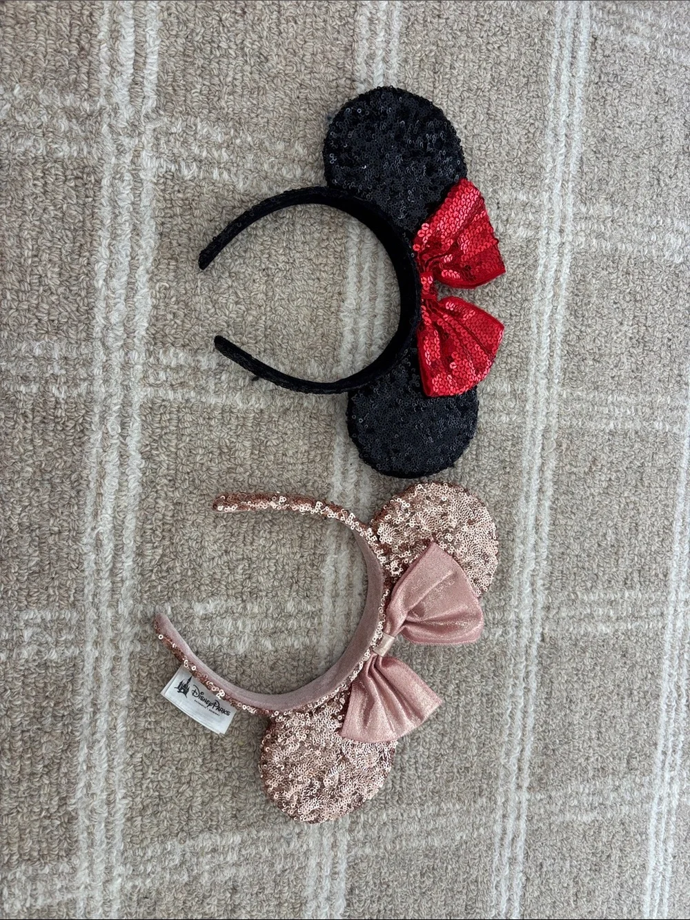 Sequin Minnie Ear Headband Duo — Black with Red Bow & Rose Gold
